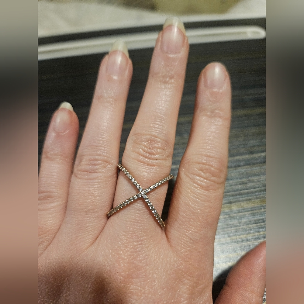 Rose Gold and Crystal Stone X Shaped Statement Ring - Picture 2 of 5